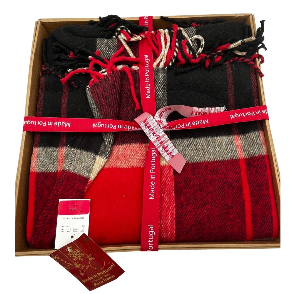 Roca Home Oversized Plaid Throw Blanket Red Fringe Made in Portugal